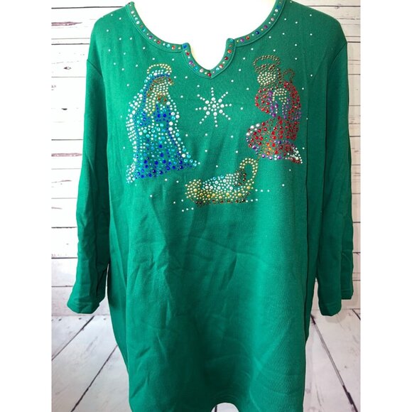 NWOT‎ Quacker Factory Nativity Shirt Plus Size 1X Rhinestones Ugly Christmas top - Picture 4 of 10